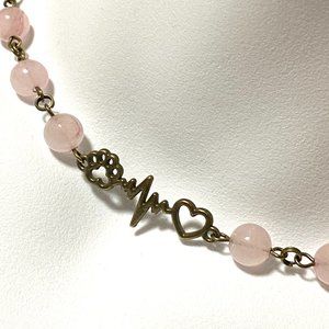 Natural Pink Rose Quartz Necklace, Bronze Paw Print Heart Beat+ Genuine Gemstone